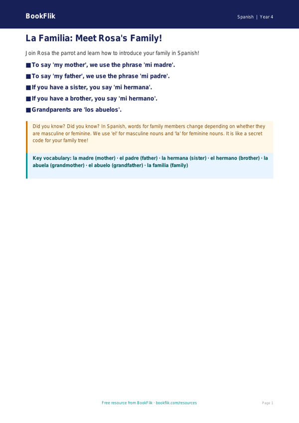 Free Family Poster | Grade 3 | Spanish | BookFlik worksheet preview — Spanish Family