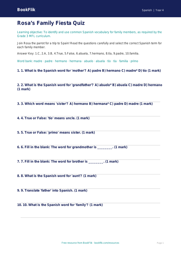Spanish family quiz grade 3 core worksheet preview — Spanish Family