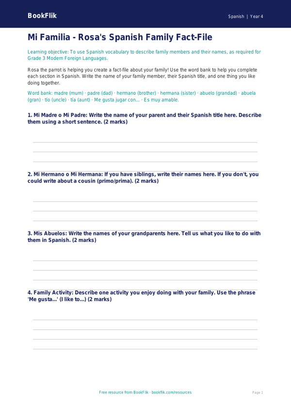 Free Family Template | Grade 3 | Spanish | BookFlik worksheet preview — Spanish Family