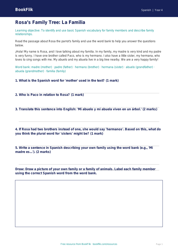 Free Family Vocabulary Worksheet | Grade 3 | Spanish | BookFlik worksheet preview — Spanish Family
