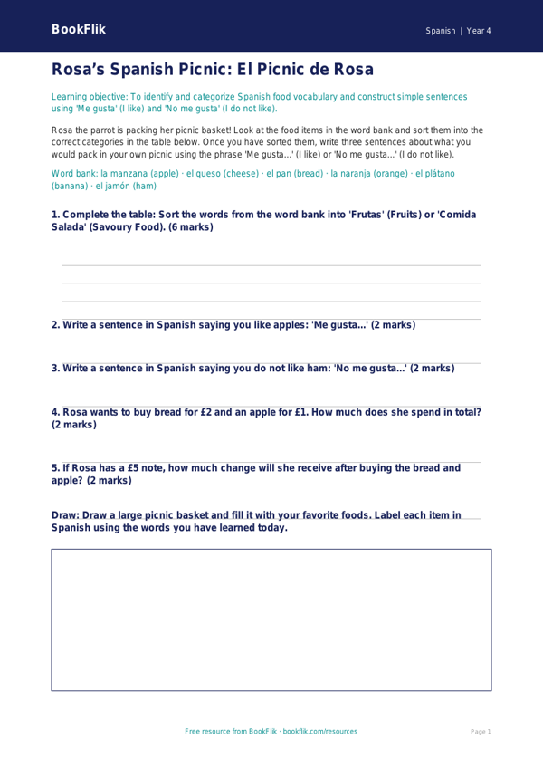 Free Food Activity Sheet | Grade 3 | Spanish | BookFlik worksheet preview — Spanish Food