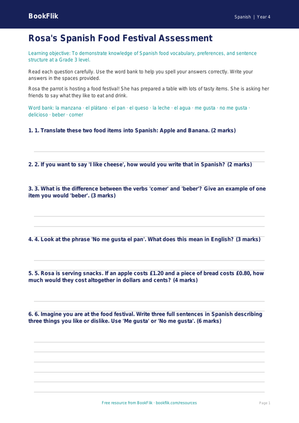 Free Spanish Food Vocabulary Assessment | Grade 3 | BookFlik worksheet preview — Spanish Food