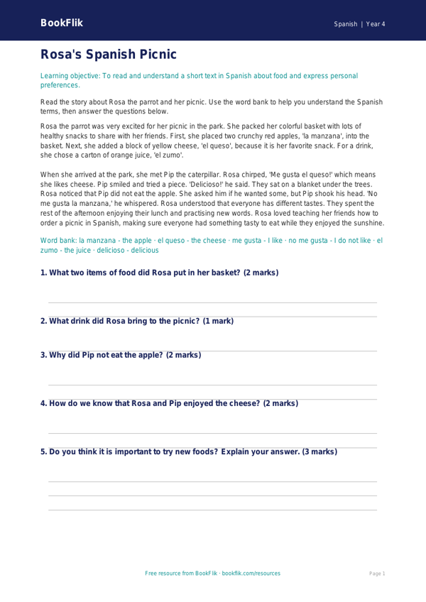 Free Spanish Food Vocabulary & Comprehension | Grade 3 | BookFlik worksheet preview — Spanish Food
