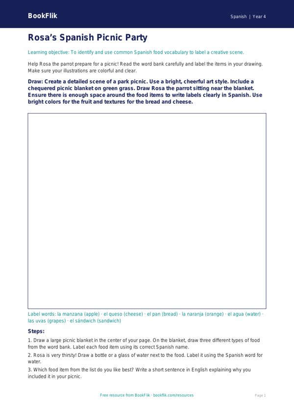 Free Food Drawing Sheet | Grade 3 | Spanish | BookFlik worksheet preview — Spanish Food
