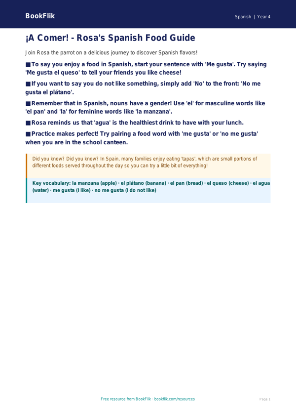 Spanish food poster grade 3 core worksheet preview — Spanish Food
