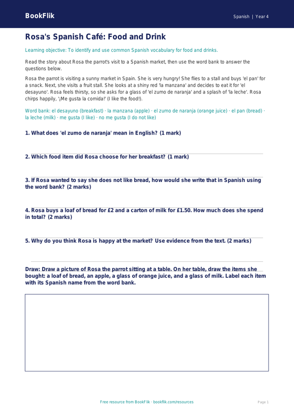 Free Spanish Food Vocabulary Track Sheet | Grade 3 | BookFlik worksheet preview — Spanish Food
