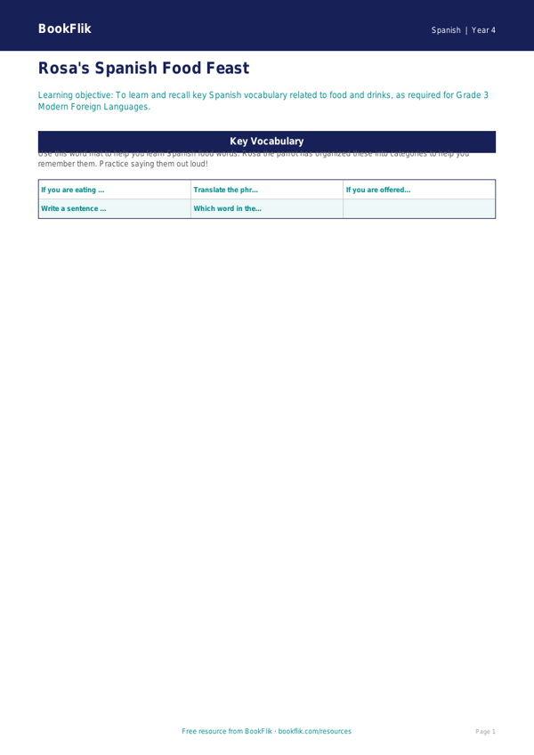 Spanish food word mat grade 3 core worksheet preview — Spanish Food