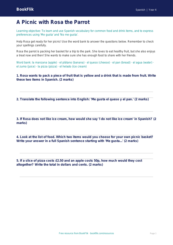 Free Spanish Food Worksheet | Grade 3 | BookFlik worksheet preview — Spanish Food