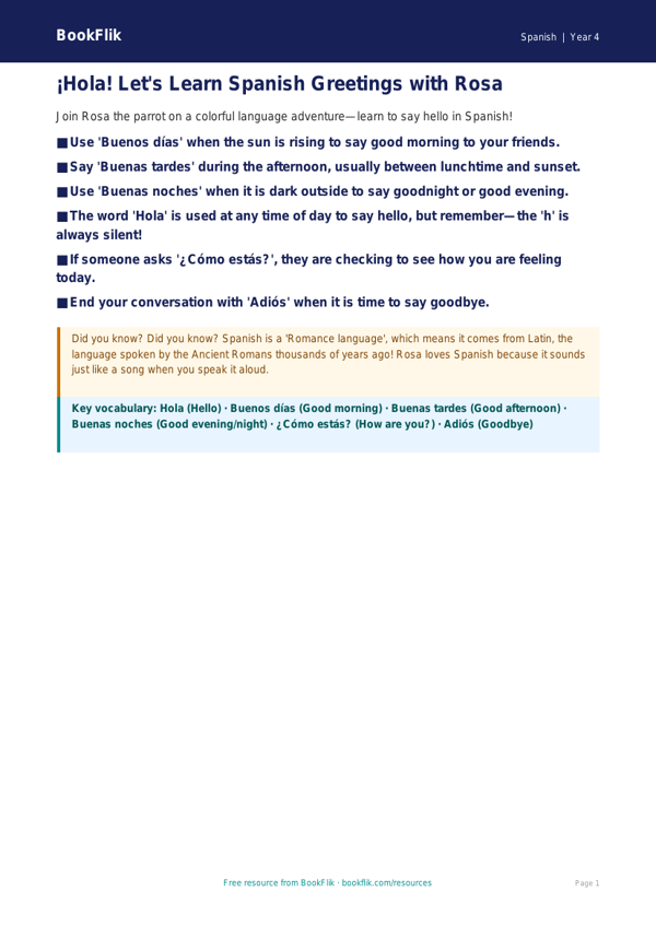 Free Spanish Greetings Poster | Grade 3 | BookFlik worksheet preview — Spanish Greetings