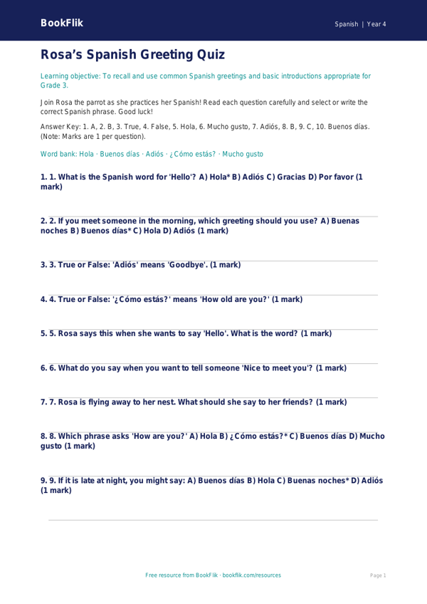 Spanish greetings quiz grade 3 core worksheet preview — Spanish Greetings
