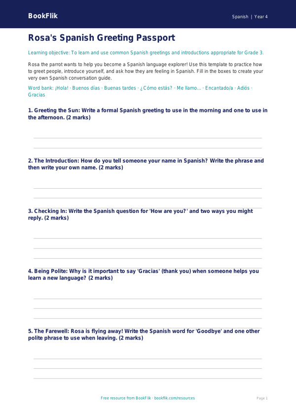 Free Spanish Greetings Template for Grade 3 Students | BookFlik worksheet preview — Spanish Greetings