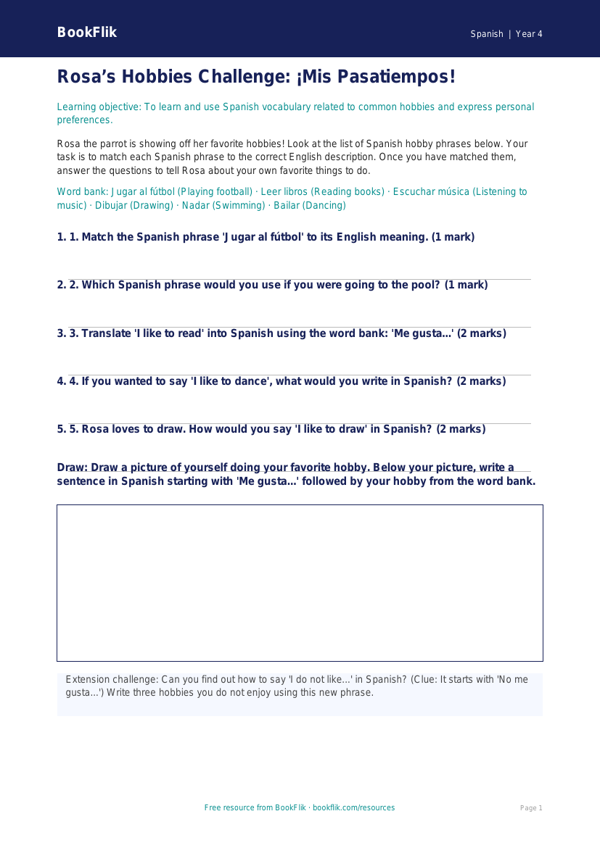 Free Hobbies Activity Sheet | Grade 3 | Spanish | BookFlik worksheet preview — Spanish Hobbies