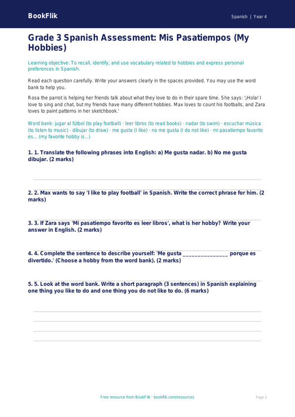 Spanish hobbies assessment grade 3 core worksheet preview — Spanish Hobbies