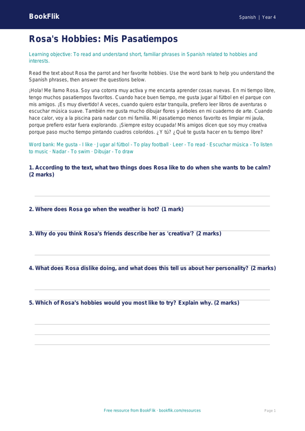 Spanish hobbies comprehension grade 3 core worksheet preview — Spanish Hobbies