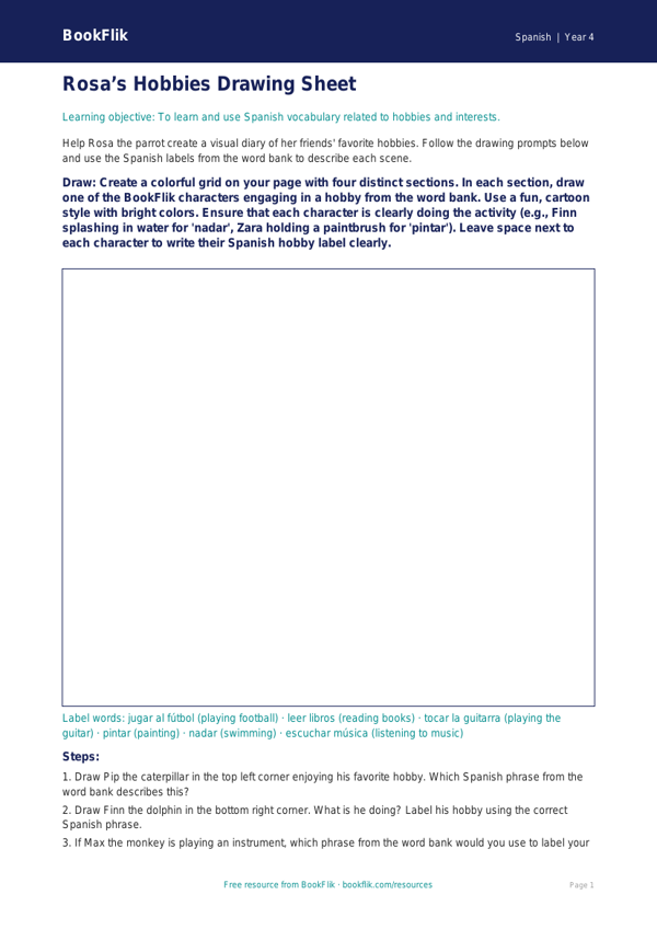 Spanish hobbies drawing sheet grade 3 core worksheet preview — Spanish Hobbies