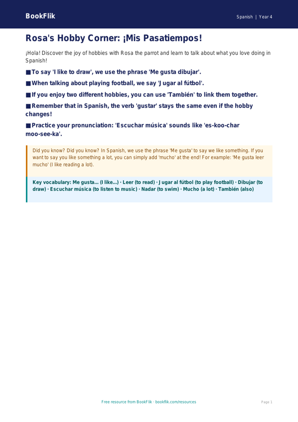 Free Hobbies Poster | Grade 3 | Spanish | BookFlik worksheet preview — Spanish Hobbies