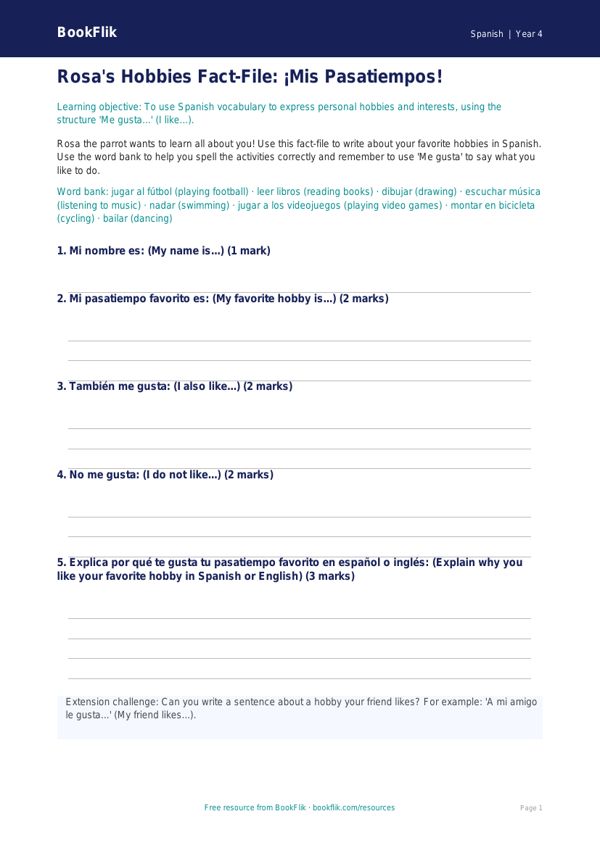 Spanish hobbies template grade 3 core worksheet preview — Spanish Hobbies