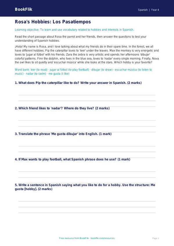 Free Hobbies Track Sheet | Grade 3 | Spanish | BookFlik worksheet preview — Spanish Hobbies