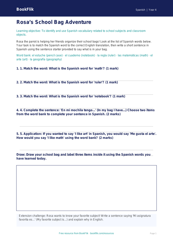 Free Spanish School Vocabulary Activity Sheet | Grade 3 | BookFlik worksheet preview — Spanish School