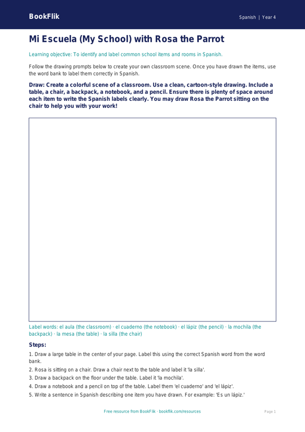 Free Spanish School Vocabulary Worksheet | Grade 3 | BookFlik worksheet preview — Spanish School