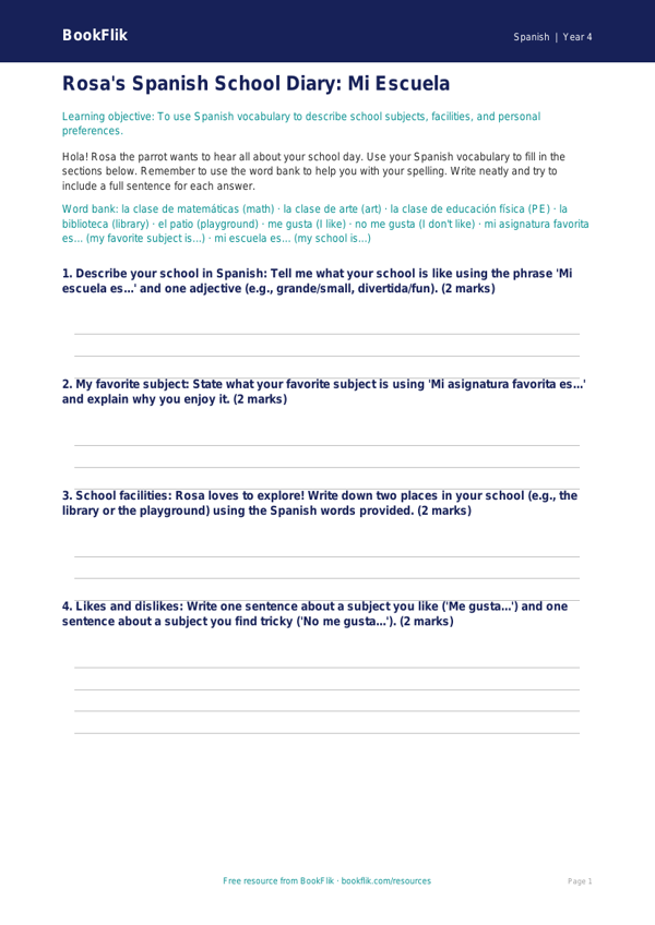 Free Grade 3 Spanish School Vocabulary Worksheet | BookFlik worksheet preview — Spanish School