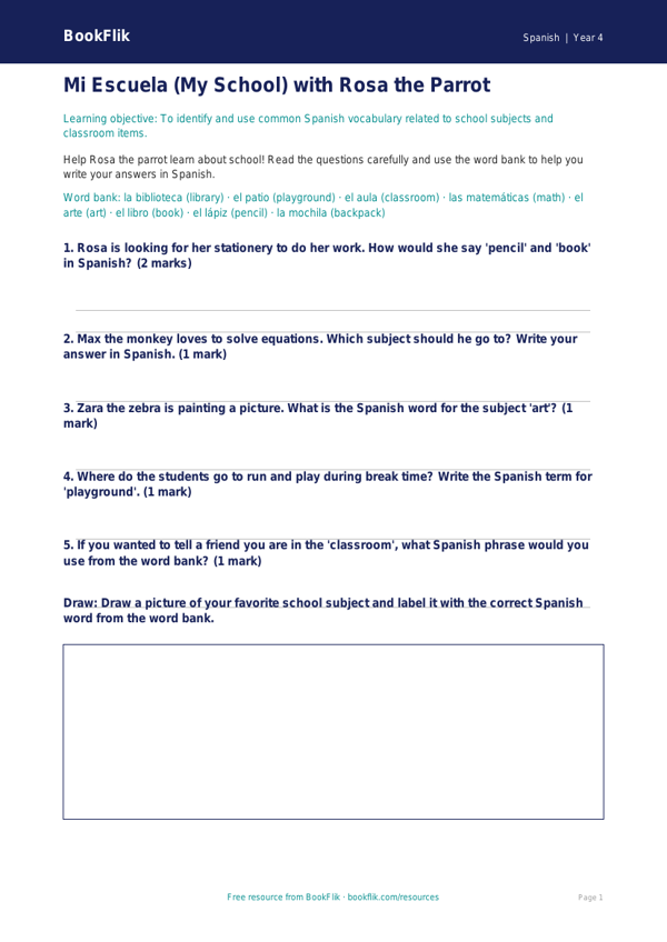 Free Grade 3 Spanish Worksheet: School Vocabulary | BookFlik worksheet preview — Spanish School