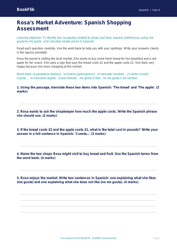 Free Spanish Shopping Assessment | Grade 3 | BookFlik worksheet preview — Spanish Shopping