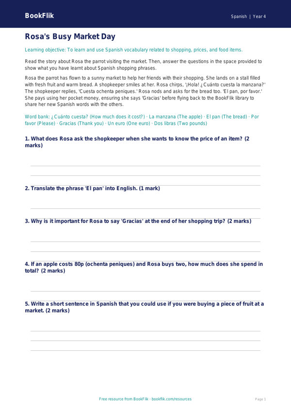 Free Shopping Track Sheet | Grade 3 | Spanish | BookFlik worksheet preview — Spanish Shopping