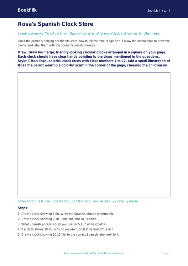 Free Telling the Time Drawing Sheet | Grade 3 Spanish | BookFlik worksheet preview — Spanish Telling The Time