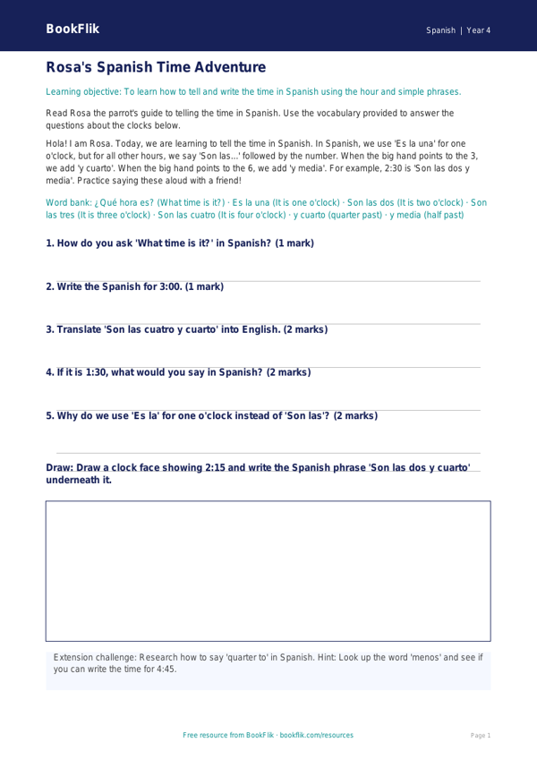 Free Telling the Time Track Sheet | Grade 3 Spanish | BookFlik worksheet preview — Spanish Telling The Time