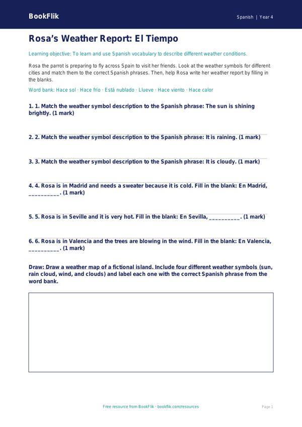 Free Spanish Weather Activity Sheet | Grade 3 | BookFlik worksheet preview — Spanish Weather