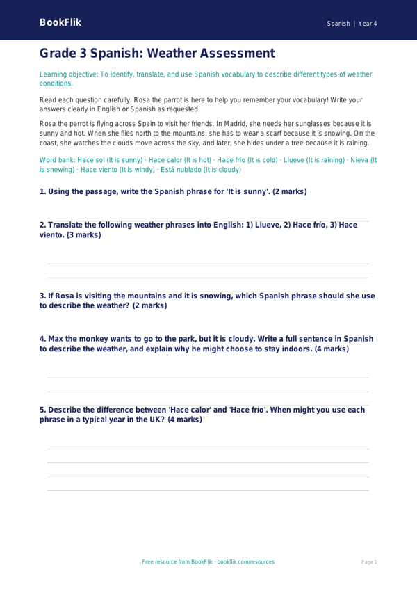 Free Spanish Weather Assessment | Grade 3 | BookFlik worksheet preview — Spanish Weather
