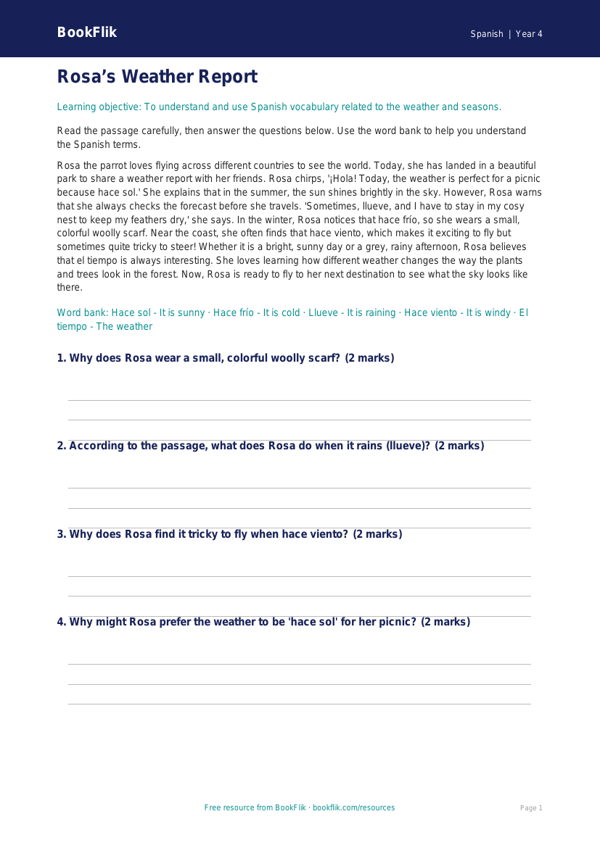 Spanish weather comprehension grade 3 core worksheet preview — Spanish Weather