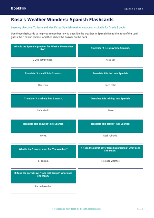 Free Spanish Weather Flashcards | Grade 3 | BookFlik worksheet preview — Spanish Weather