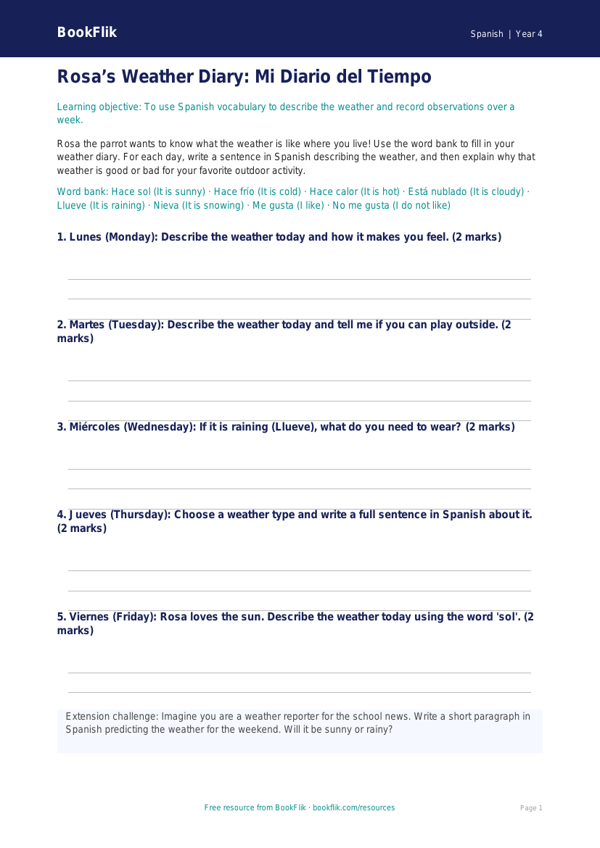 Free Spanish Weather Template | Grade 3 | BookFlik worksheet preview — Spanish Weather
