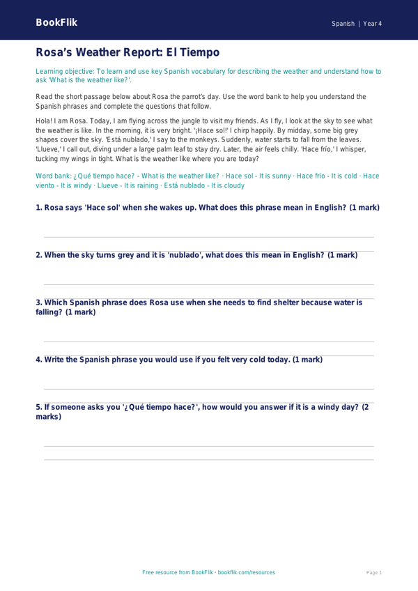 Free Spanish Weather Track Sheet | Grade 3 | BookFlik worksheet preview — Spanish Weather