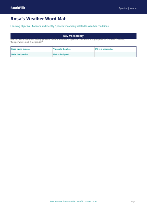 Spanish weather word mat grade 3 core worksheet preview — Spanish Weather