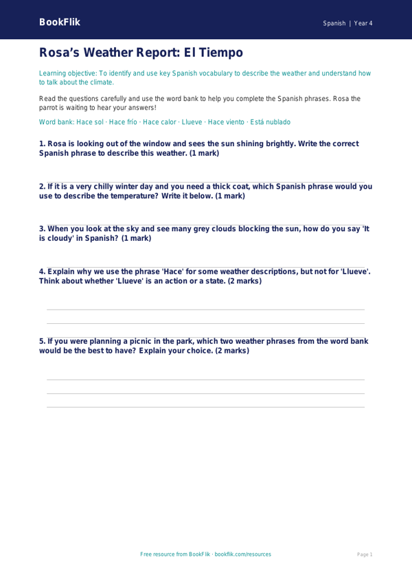Free Spanish Weather Worksheet | Grade 3 | BookFlik worksheet preview — Spanish Weather