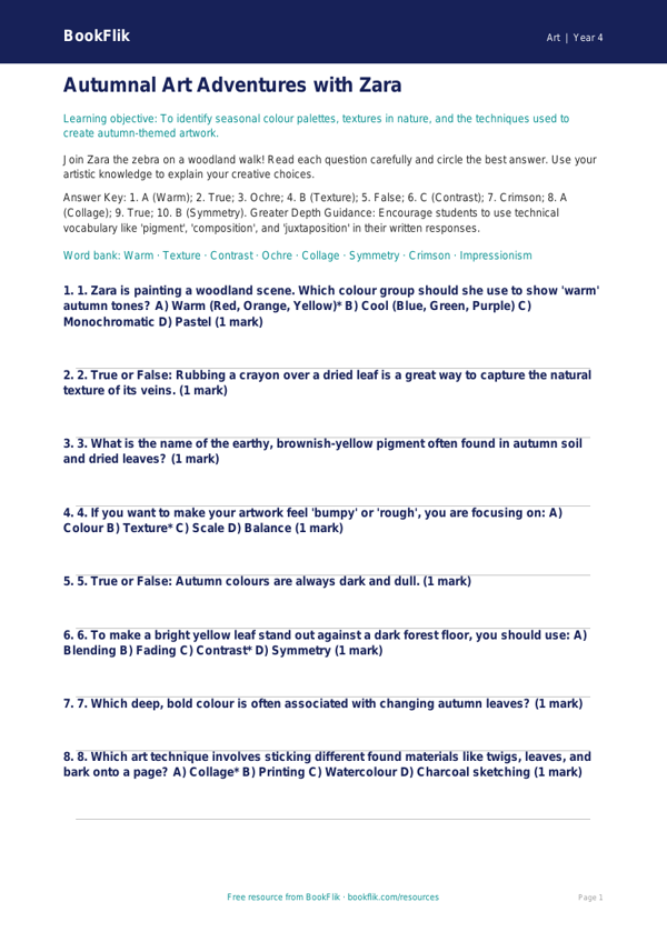 Autumn Art Quiz for Year 4 | Australian Curriculum Art | BookFlik worksheet preview — Art Autumn Art