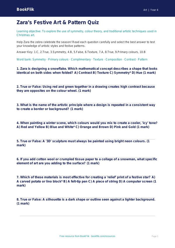 Free Christmas Art Quiz | Year 4 | Art | BookFlik worksheet preview — Art Christmas Art