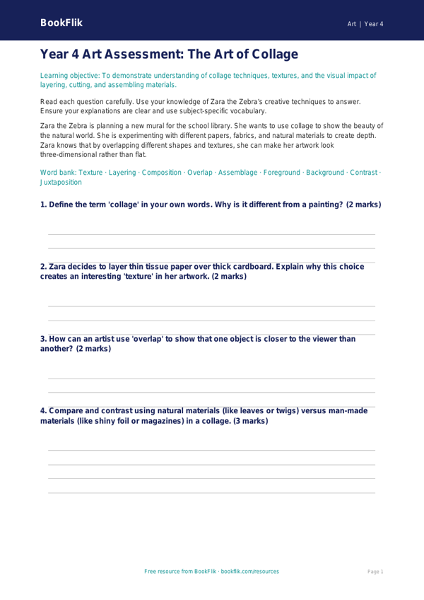Free Collage Assessment | Year 4 | Art | BookFlik worksheet preview — Art Collage