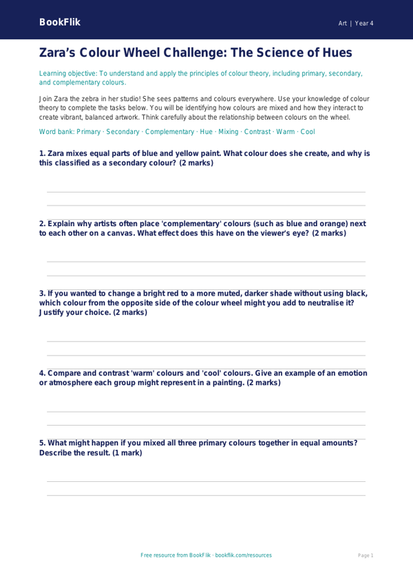 Free Colour Theory Activity Sheet | Year 4 | Art | BookFlik worksheet preview — Art Colour Theory