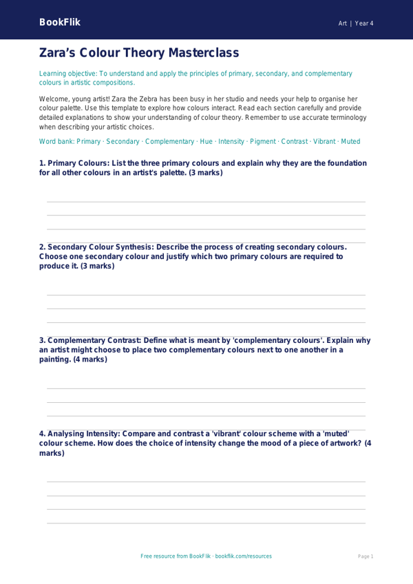 Free Colour Theory Template | Year 4 | Art | BookFlik worksheet preview — Art Colour Theory