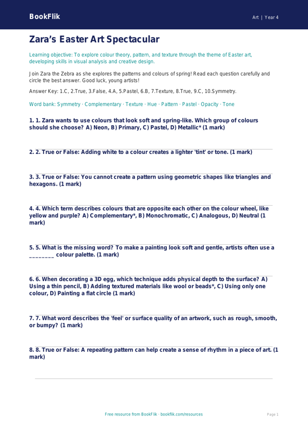 Free Easter Art Quiz | Year 4 | Art | BookFlik worksheet preview — Art Easter Art