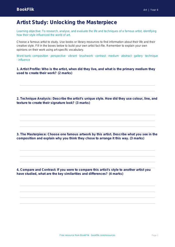 Famous Artists Template for Year 4 | Australian Curriculum Art worksheet preview — Art Famous Artists