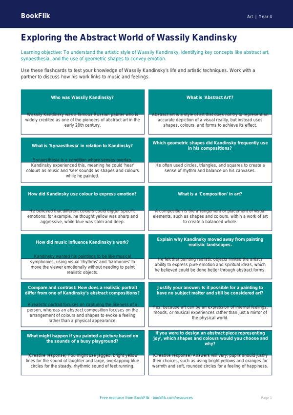 Kandinsky Art Flashcards for Year 4 | Australian Curriculum worksheet preview — Art Kandinsky