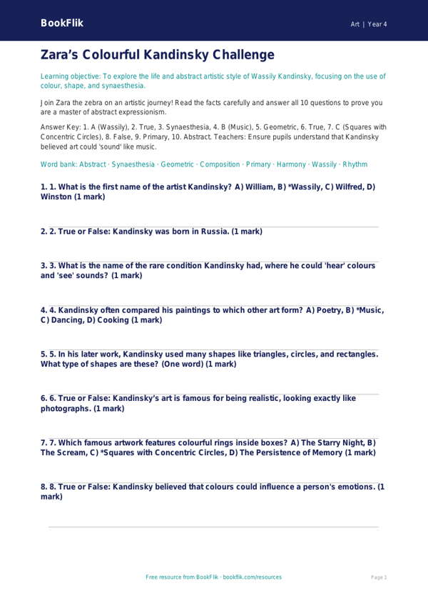 Free Kandinsky Quiz | Year 4 | Art | BookFlik worksheet preview — Art Kandinsky