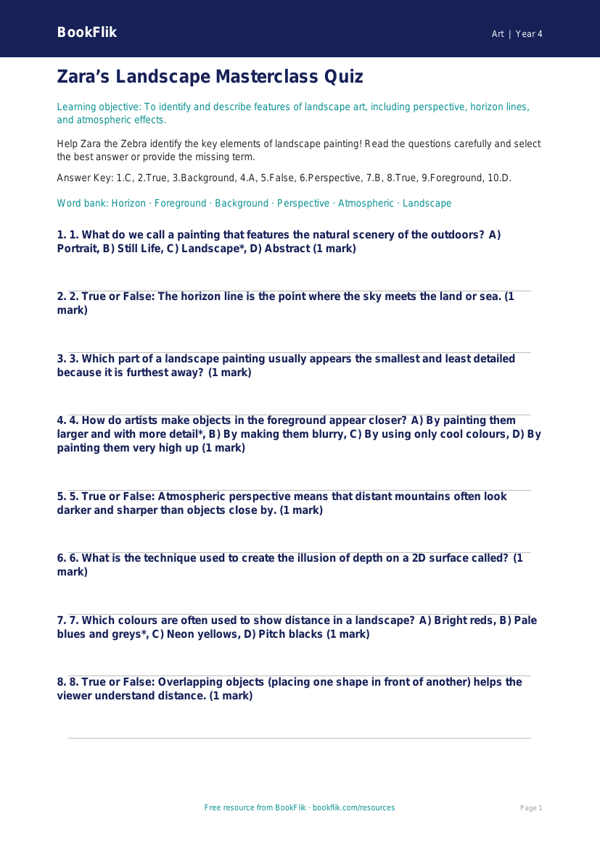 Free Landscapes Quiz | Year 4 | Art | BookFlik worksheet preview — Art Landscapes