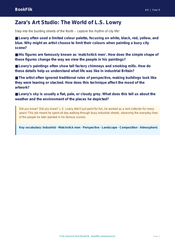 L.S. Lowry Art Lesson: Year 4 Greater Depth Resource | BookFlik worksheet preview — Art Lowry
