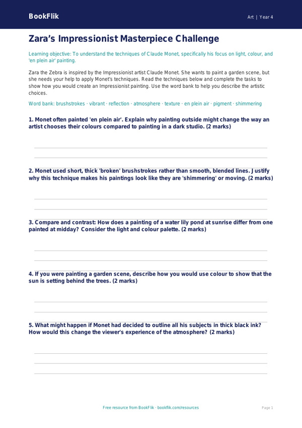 Claude Monet Art Activity Sheet | Year 4 | Australian Curriculum worksheet preview — Art Monet